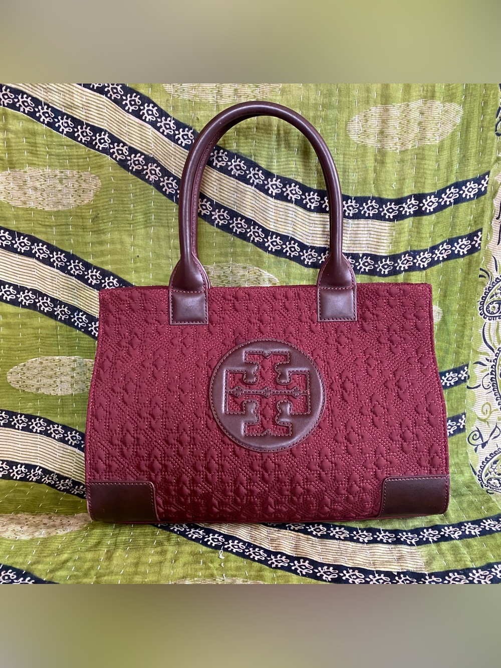 Limited Edition Tory Burch Burgundy Ella Damask Quilted Nylon Leather Tote